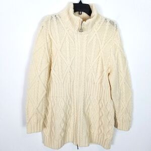 Saol Women Merino Wool Cable Knit Aran Cardigan With Zipper Sz 2XL Cream Sweater